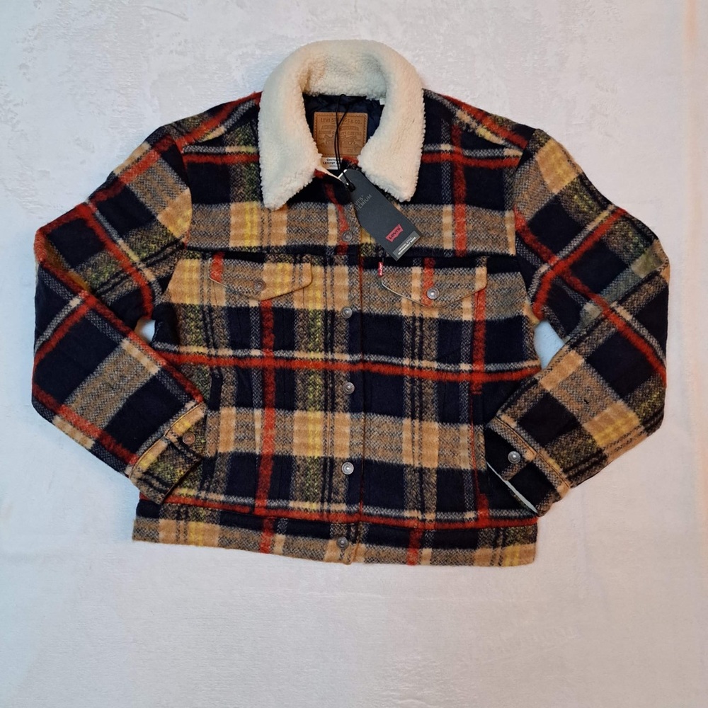 Levi's Plaid Sherpa Collar Jacket in Navy, Tan & Red - Picture 3 of 12